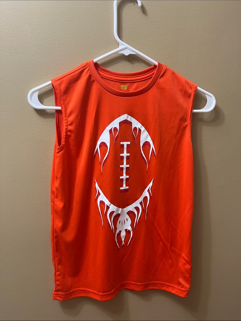 tek gear Orange Sleeveless Tank with White Football Flame Graphic